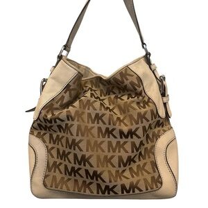 Michael Kors Brown Beige MK Logo Shoulder Bag slouchy tote purse handbag